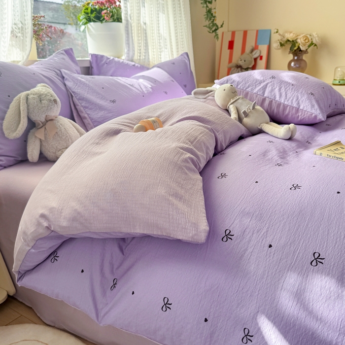 91家纺网 家纺一手货源 找家纺 丽美人家纺 2026新款A类皱皱纱双层印花单被套 BT紫色蝴蝶结