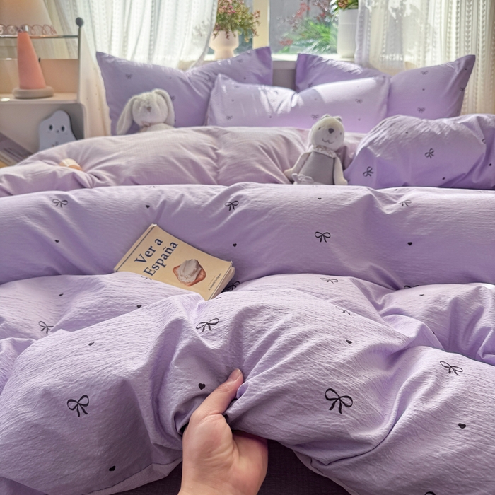 91家纺网 家纺一手货源 找家纺 丽美人家纺 2026新款A类皱皱纱双层印花单被套 BT紫色蝴蝶结