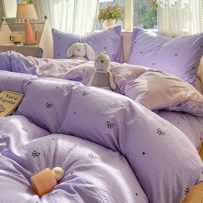 91家纺网 家纺一手货源 找家纺 丽美人家纺 2026新款A类皱皱纱双层印花单被套 BT紫色蝴蝶结