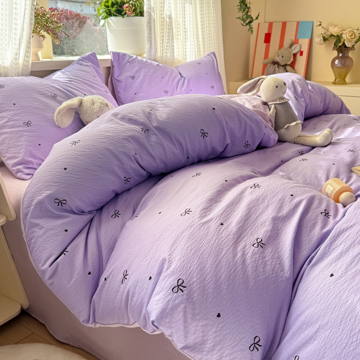 91家纺网 家纺一手货源 找家纺 丽美人家纺 2026新款A类皱皱纱双层印花单被套 BT紫色蝴蝶结