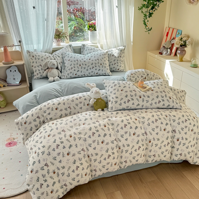 91家纺网 家纺一手货源 找家纺 丽美人家纺 2026新款A类皱皱纱双层印花单被套 BT紫雾叶兔