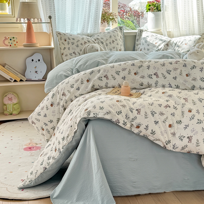 91家纺网 家纺一手货源 找家纺 丽美人家纺 2026新款A类皱皱纱双层印花单被套 BT紫雾叶兔