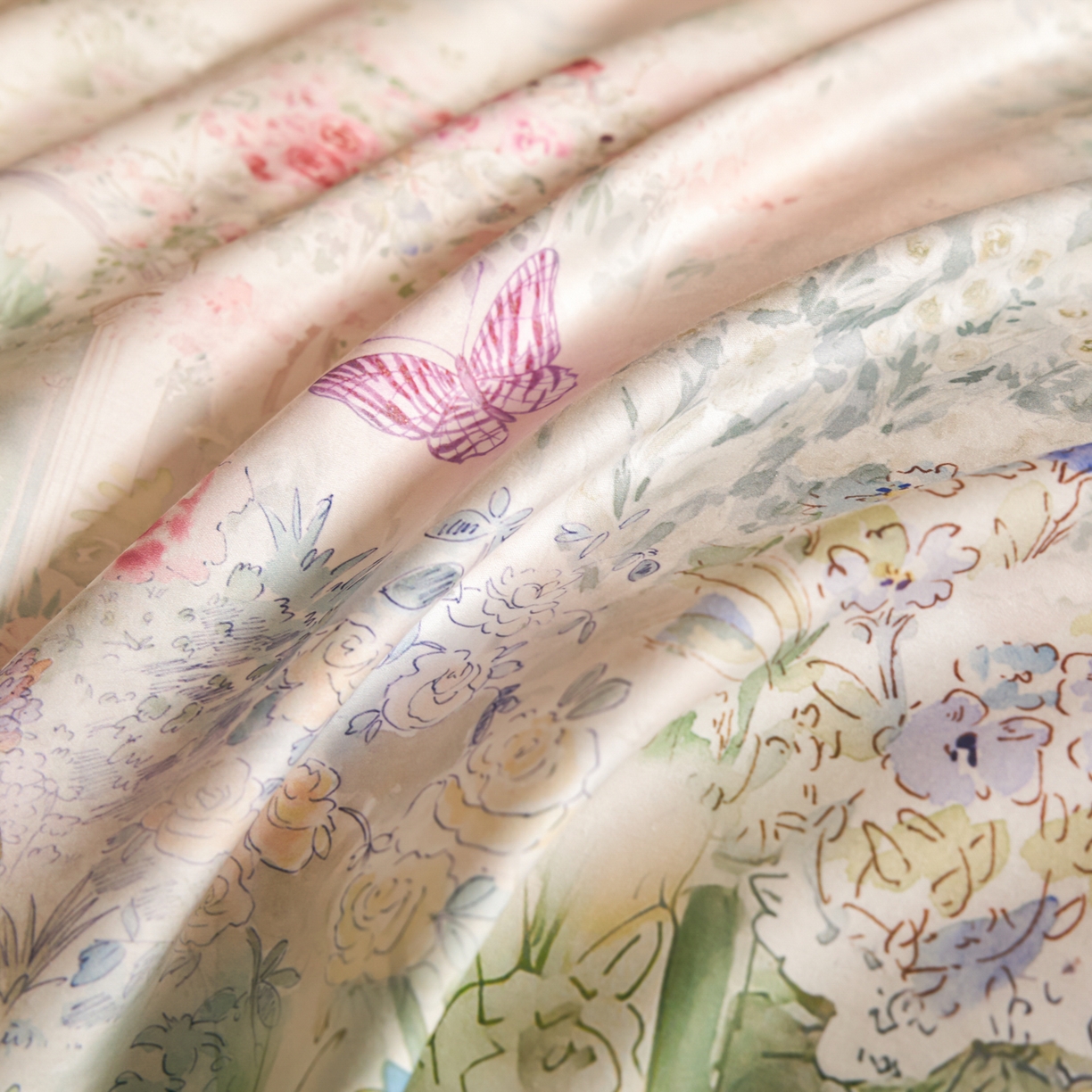 91家纺网 家纺一手货源 找家纺 禾时 2026新款全棉纯棉数码印花埋绳款四件套 雾花蝶影（粉）