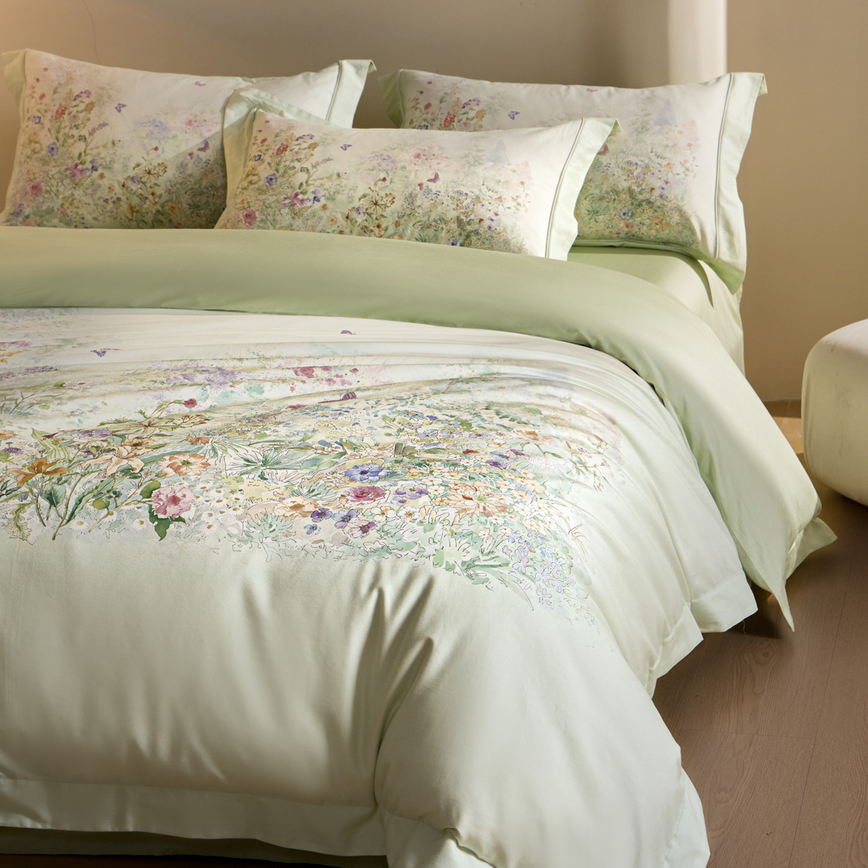 禾时 2026新款全棉纯棉数码印花埋绳款四件套 雾花蝶影（绿）