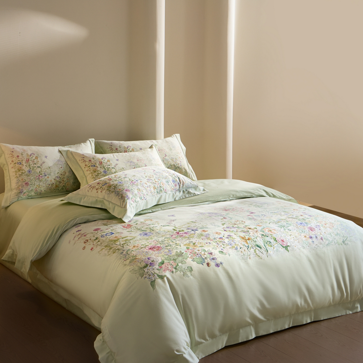 91家纺网 家纺一手货源 找家纺 禾时 2026新款全棉纯棉数码印花埋绳款四件套 雾花蝶影（绿）