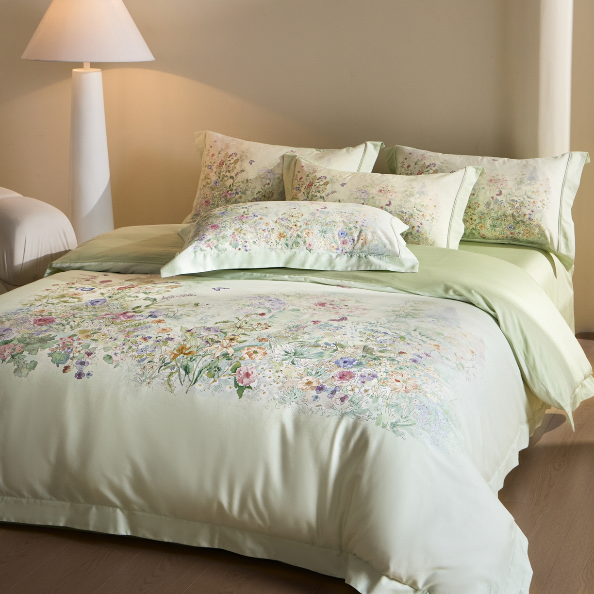 91家纺网 家纺一手货源 找家纺 禾时 2026新款全棉纯棉数码印花埋绳款四件套 雾花蝶影（绿）