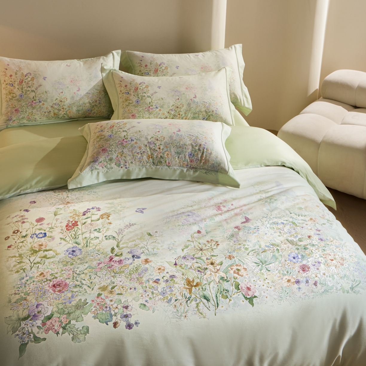 91家纺网 家纺一手货源 找家纺 禾时 2026新款全棉纯棉数码印花埋绳款四件套 雾花蝶影（绿）