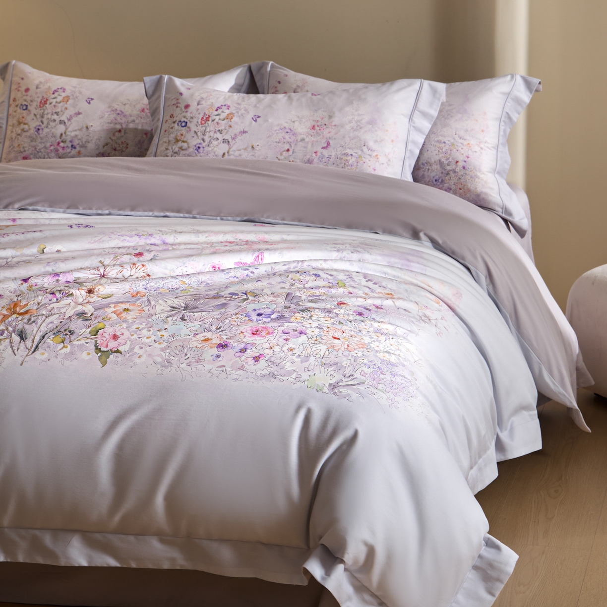 禾时 2026新款全棉纯棉数码印花埋绳款四件套 雾花蝶影（紫）