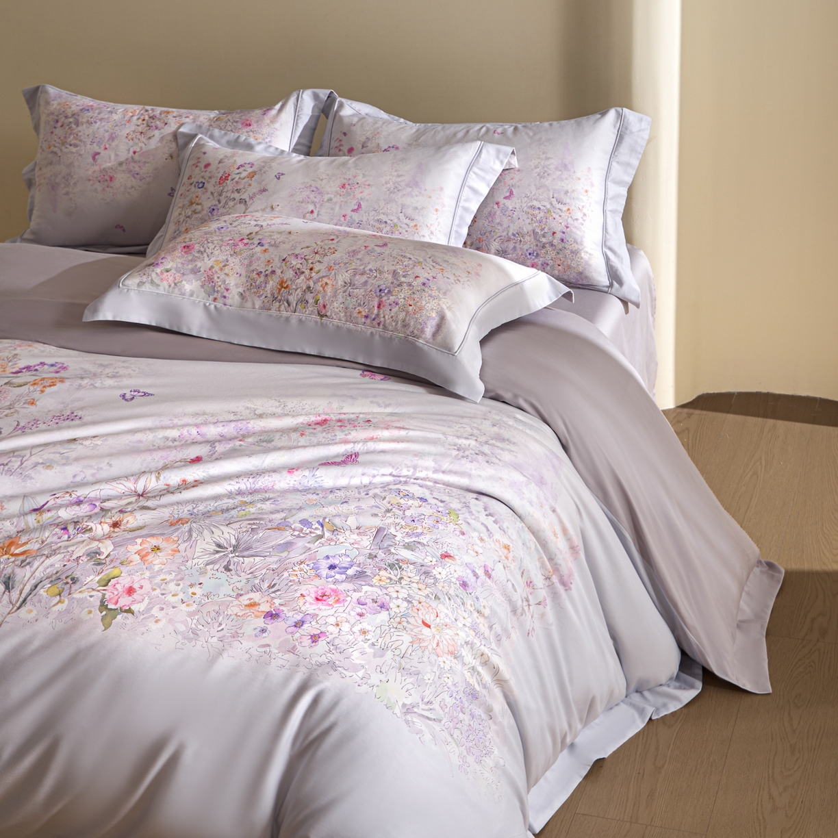 91家纺网 家纺一手货源 找家纺 禾时 2026新款全棉纯棉数码印花埋绳款四件套 雾花蝶影（紫）