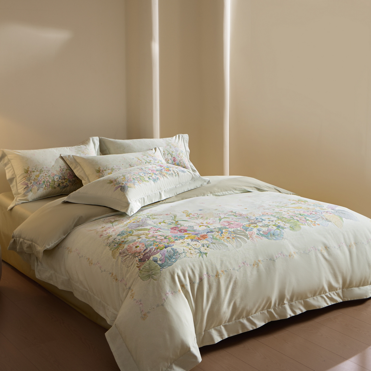 91家纺网 家纺一手货源 找家纺 禾时 2026新款全棉纯棉数码印花埋绳款四件套 芷柔（绿）