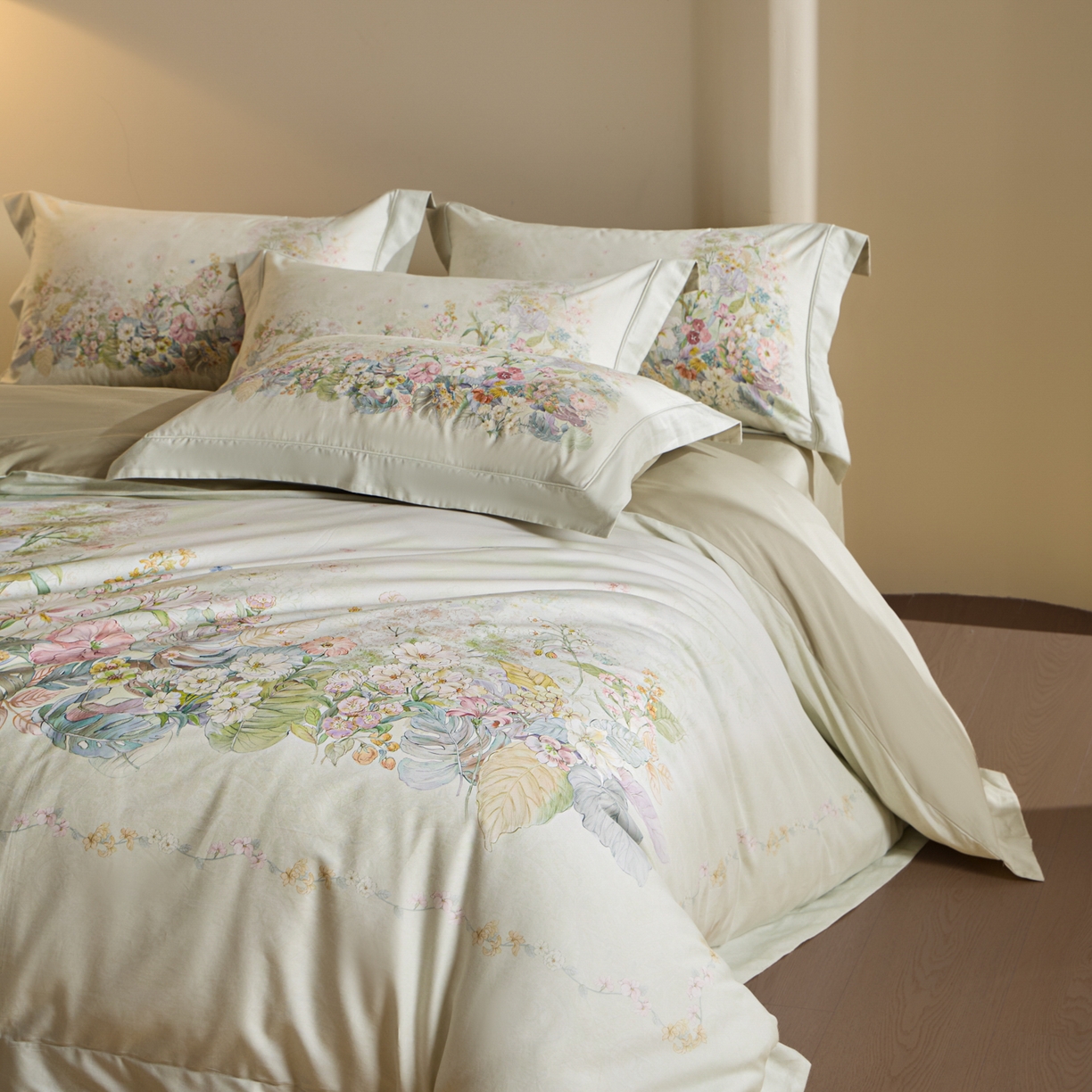 91家纺网 家纺一手货源 找家纺 禾时 2026新款全棉纯棉数码印花埋绳款四件套 芷柔（绿）