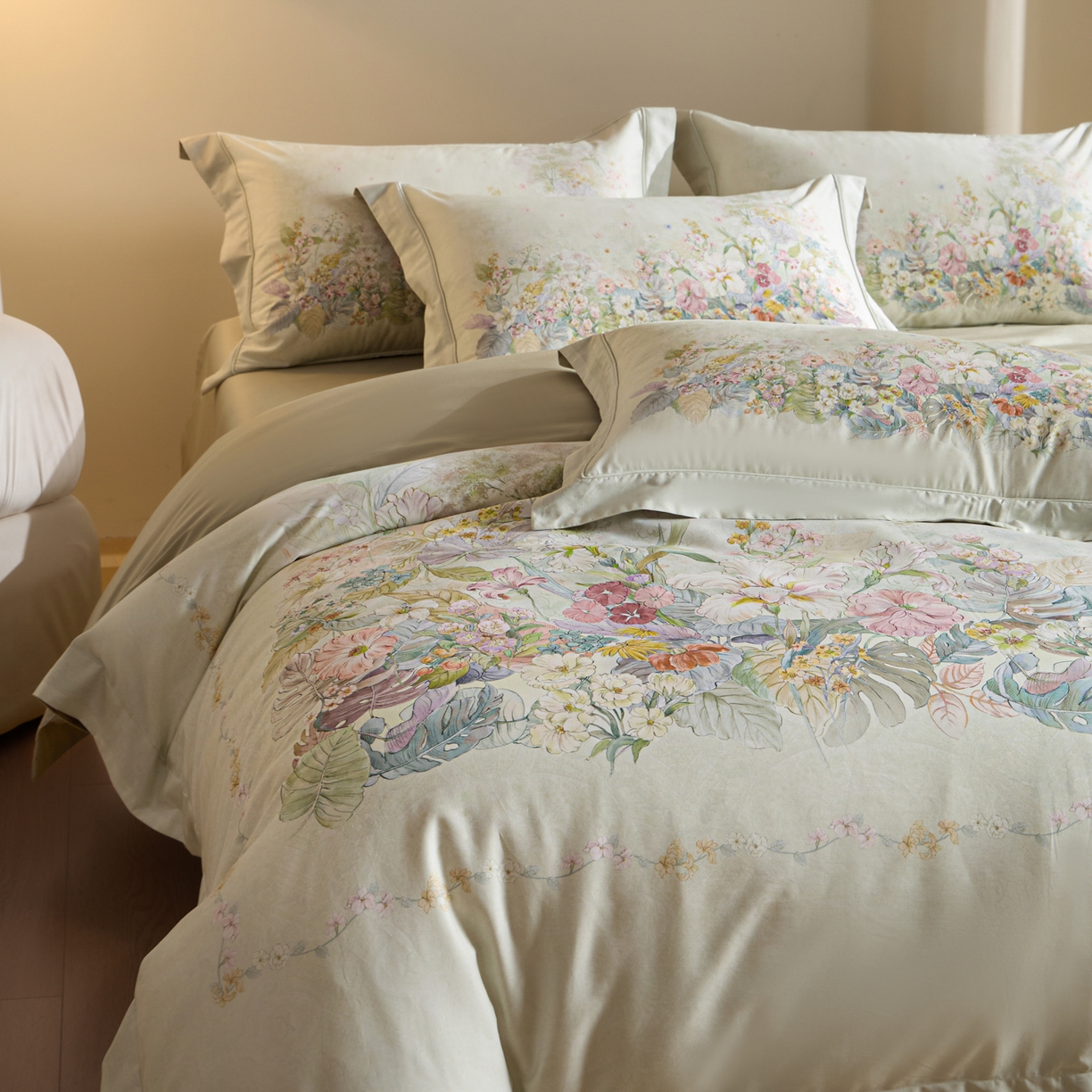 91家纺网 家纺一手货源 找家纺 禾时 2026新款全棉纯棉数码印花埋绳款四件套 芷柔（绿）