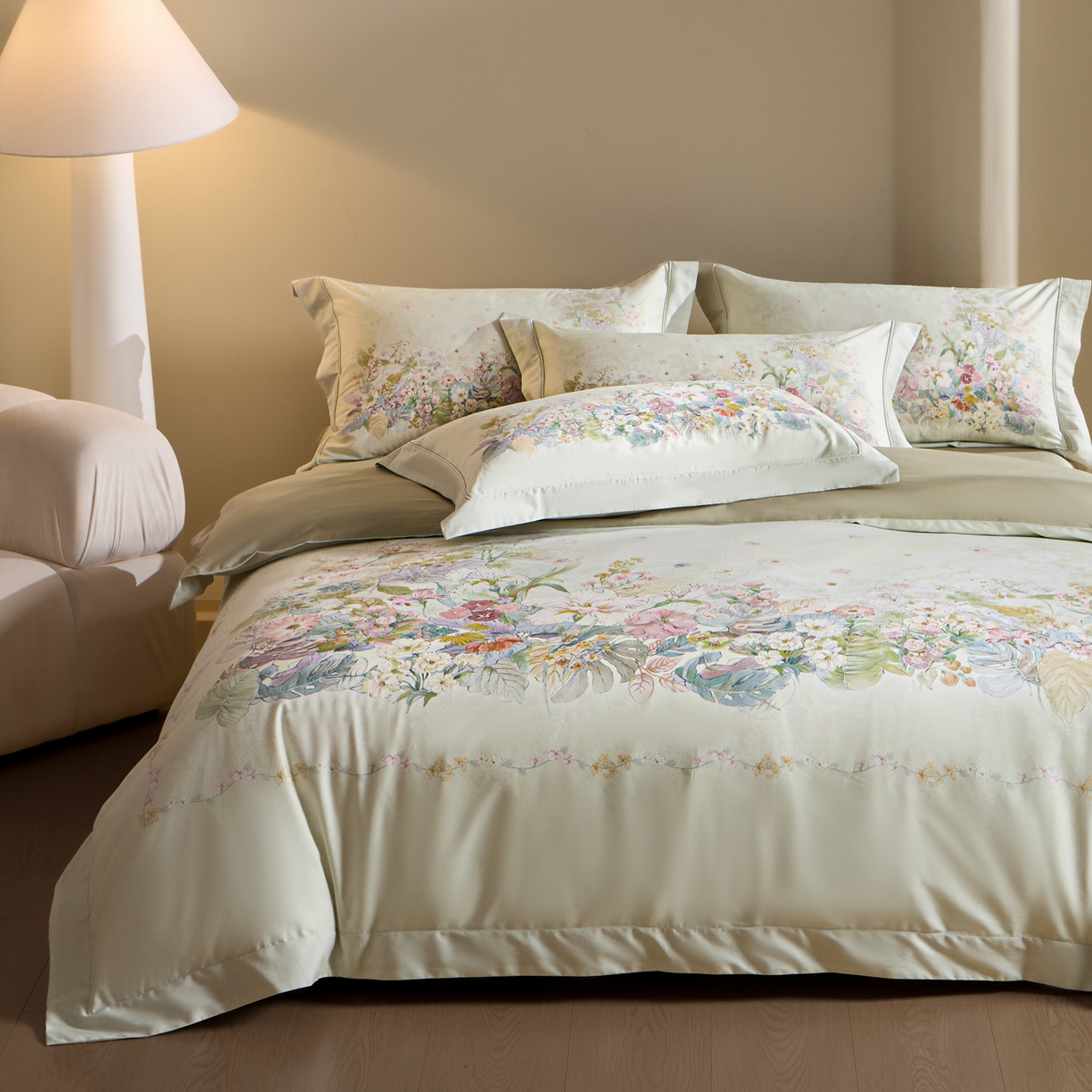 91家纺网 家纺一手货源 找家纺 禾时 2026新款全棉纯棉数码印花埋绳款四件套 芷柔（绿）