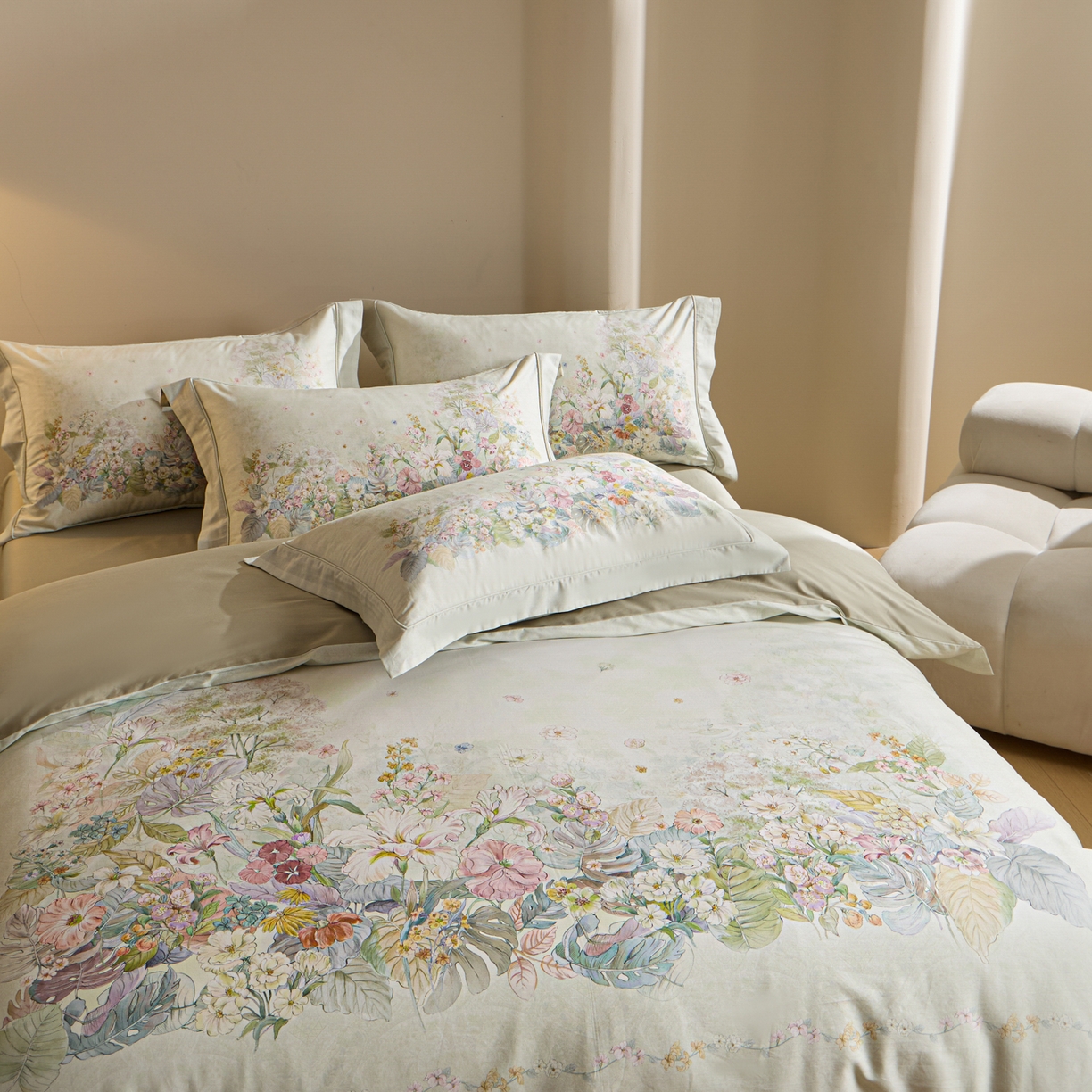 91家纺网 家纺一手货源 找家纺 禾时 2026新款全棉纯棉数码印花埋绳款四件套 芷柔（绿）