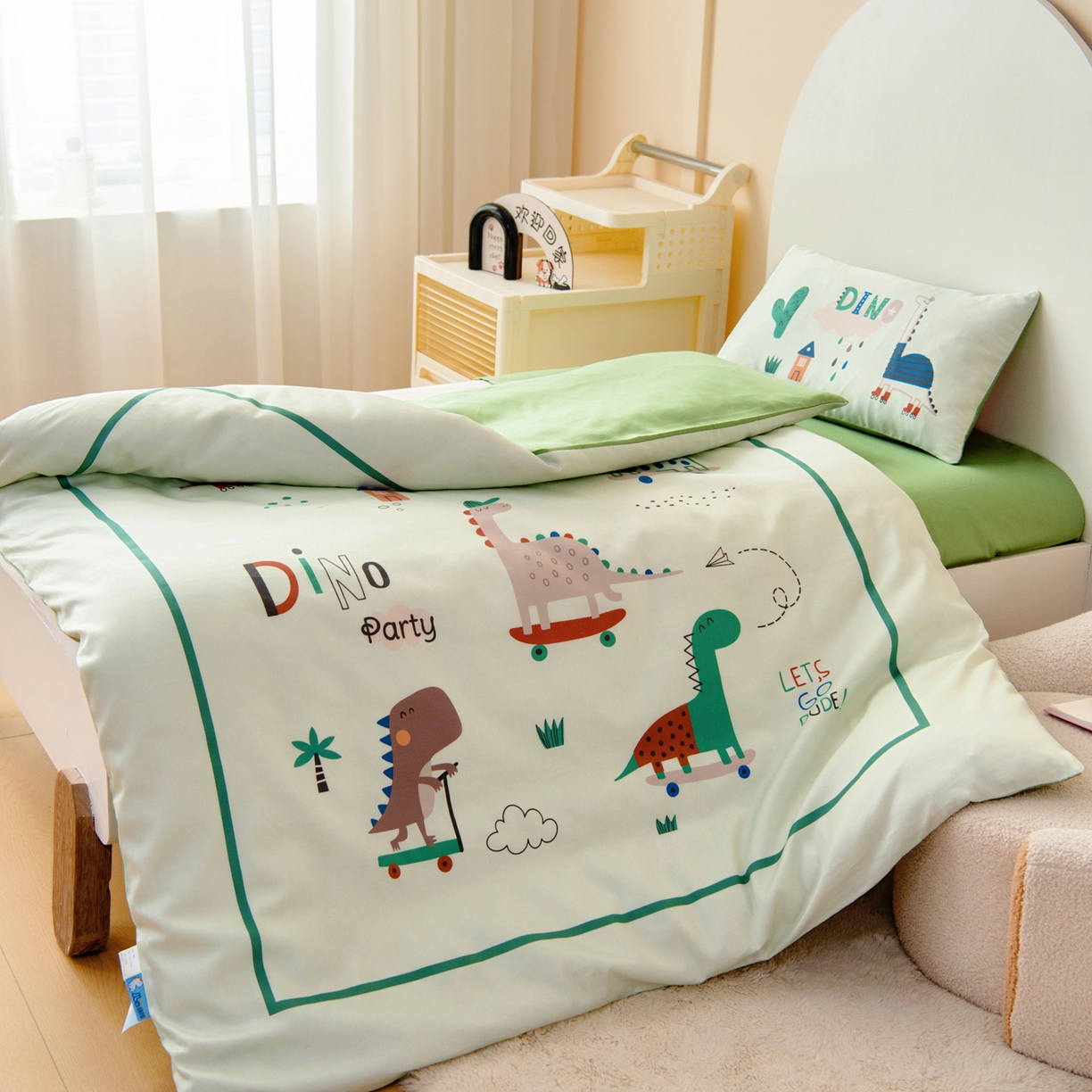 91家纺网 家纺一手货源 找家纺 御棉坊 2026新款60S全棉数码印花幼儿园儿童套件宝宝入园午睡被芯三件套 滑板派对