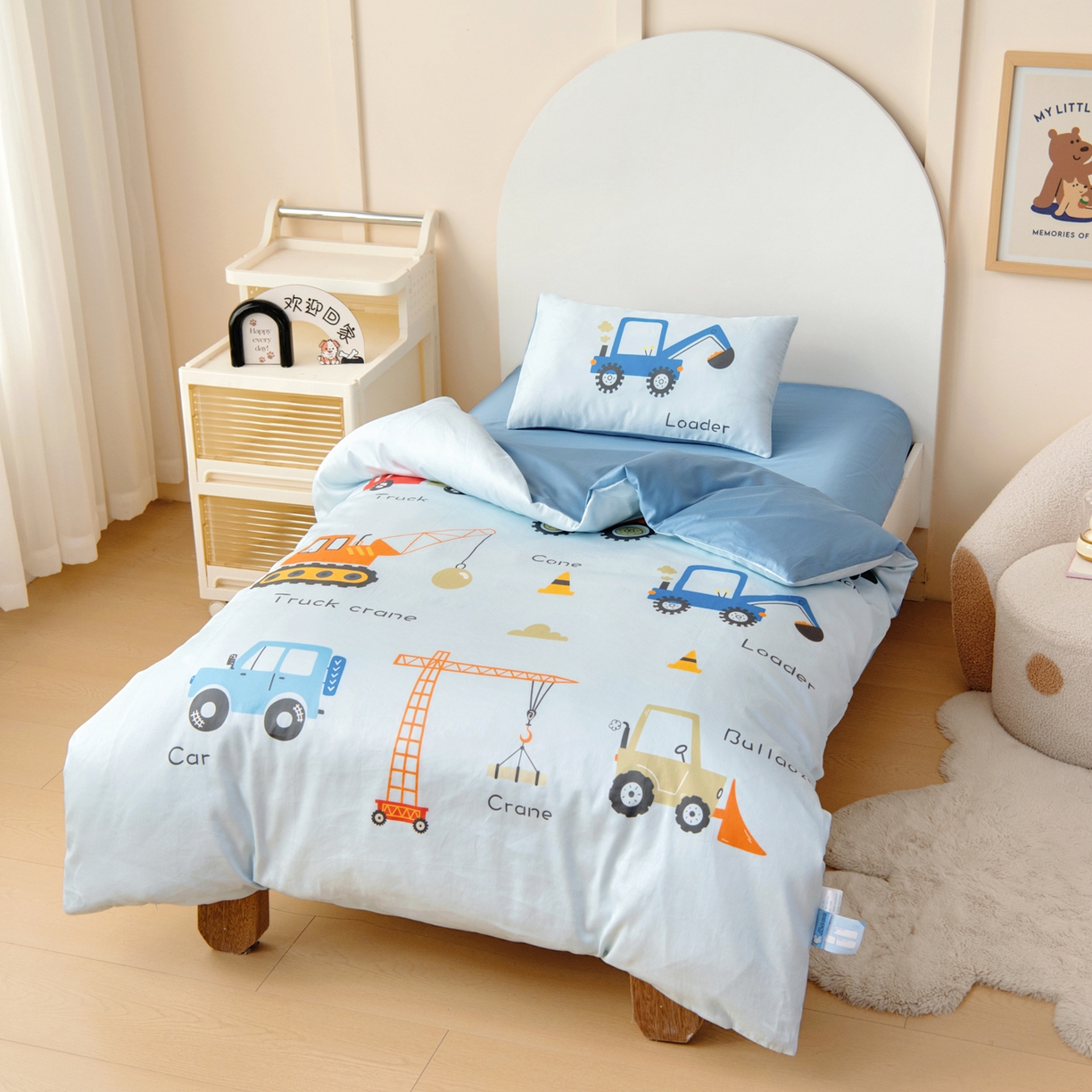 91家纺网 家纺一手货源 找家纺 御棉坊 2026新款60S全棉数码印花幼儿园儿童套件宝宝入园午睡被芯三件套 基建小队