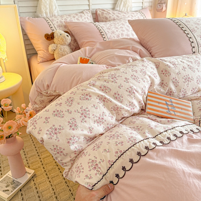 91家纺网 家纺一手货源 找家纺 （总）鑫利来家纺 2026古法水洗棉法式花边四件套甄选纯棉花边拼接款四件套印花被套床单单品四件套