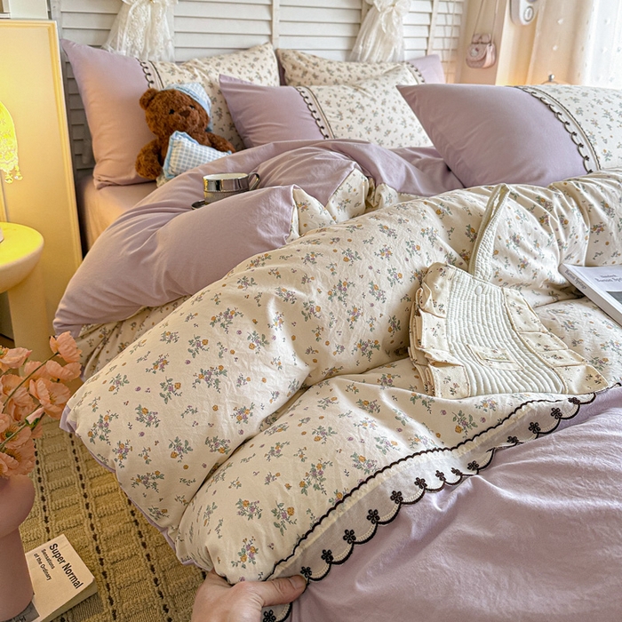 91家纺网 家纺一手货源 找家纺 （总）鑫利来家纺 2026古法水洗棉法式花边四件套甄选纯棉花边拼接款四件套印花被套床单单品四件套