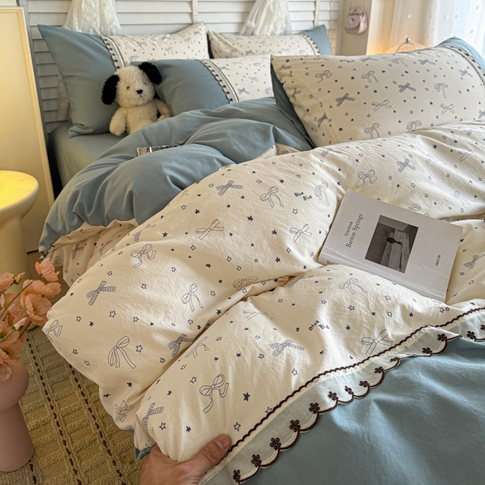 91家纺网 家纺一手货源 找家纺 （总）鑫利来家纺 2026古法水洗棉法式花边四件套甄选纯棉花边拼接款四件套印花被套床单单品四件套