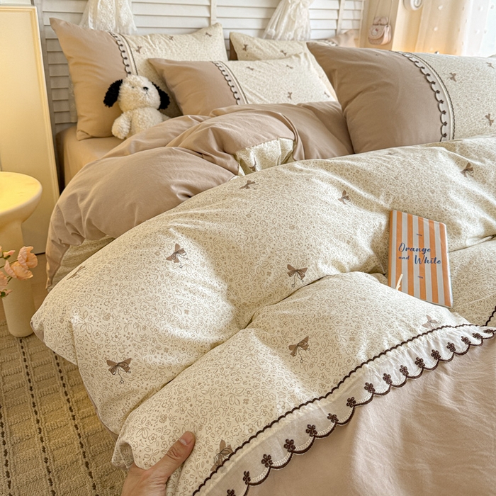 鑫利来家纺 2026新款古法水洗棉法式花边四件套甄选纯棉花边拼接款四件套印花被套床单单品四件 花间谍