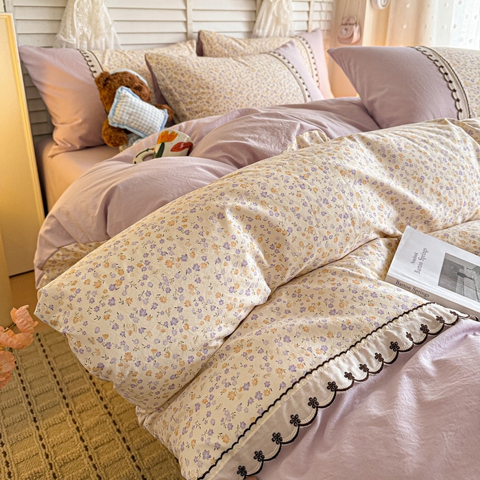 鑫利来家纺 2026新款古法水洗棉法式花边四件套甄选纯棉花边拼接款四件套印花被套床单单品四件 花千朵