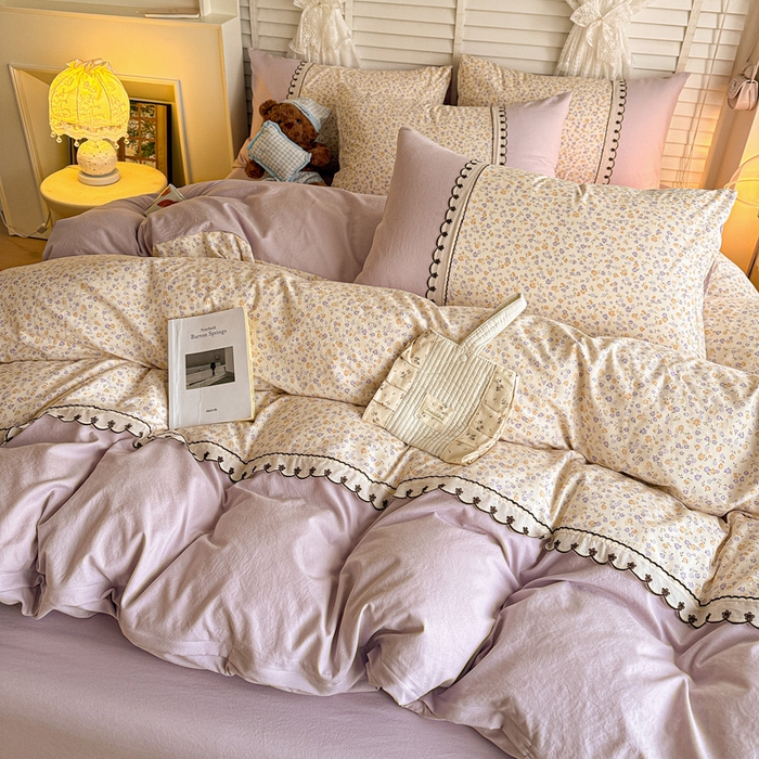 91家纺网 家纺一手货源 找家纺 鑫利来家纺 2026新款古法水洗棉法式花边四件套甄选纯棉花边拼接款四件套印花被套床单单品四件 花千朵