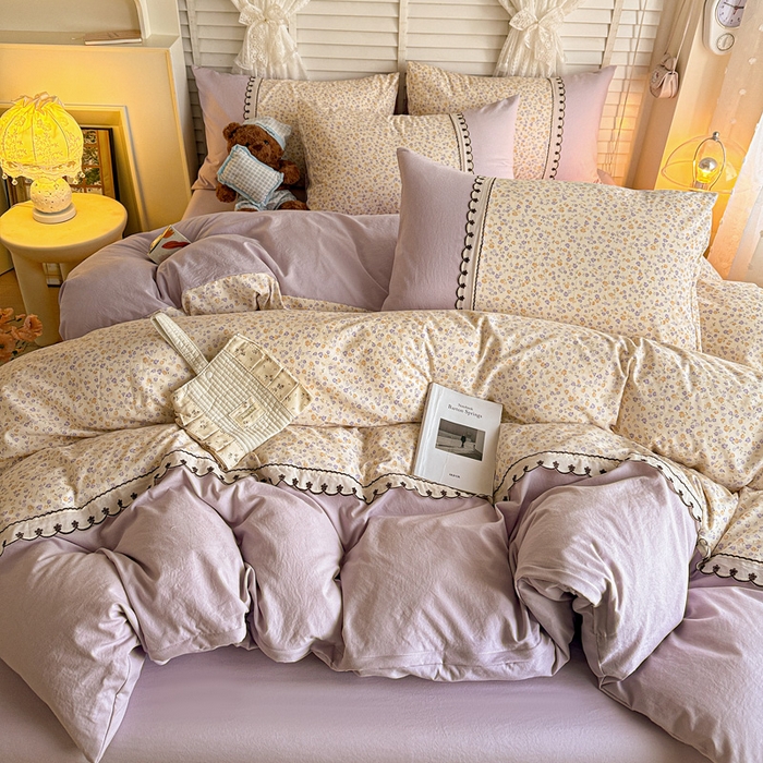 91家纺网 家纺一手货源 找家纺 鑫利来家纺 2026新款古法水洗棉法式花边四件套甄选纯棉花边拼接款四件套印花被套床单单品四件 花千朵