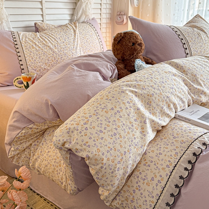 91家纺网 家纺一手货源 找家纺 鑫利来家纺 2026新款古法水洗棉法式花边四件套甄选纯棉花边拼接款四件套印花被套床单单品四件 花千朵