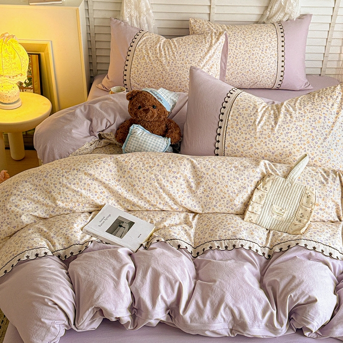 91家纺网 家纺一手货源 找家纺 鑫利来家纺 2026新款古法水洗棉法式花边四件套甄选纯棉花边拼接款四件套印花被套床单单品四件 花千朵