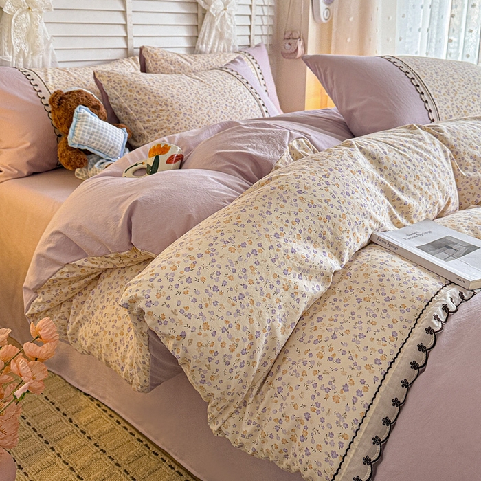 91家纺网 家纺一手货源 找家纺 鑫利来家纺 2026新款古法水洗棉法式花边四件套甄选纯棉花边拼接款四件套印花被套床单单品四件 花千朵