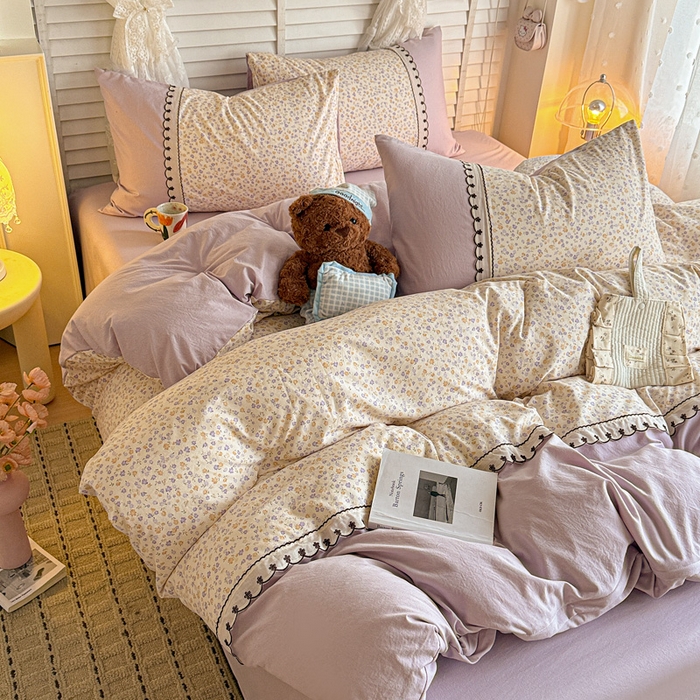 91家纺网 家纺一手货源 找家纺 鑫利来家纺 2026新款古法水洗棉法式花边四件套甄选纯棉花边拼接款四件套印花被套床单单品四件 花千朵