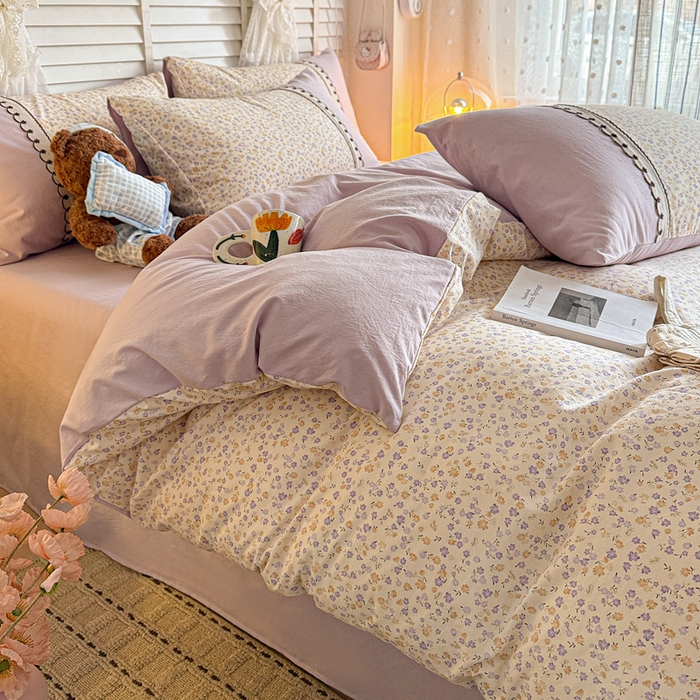 91家纺网 家纺一手货源 找家纺 鑫利来家纺 2026新款古法水洗棉法式花边四件套甄选纯棉花边拼接款四件套印花被套床单单品四件 花千朵