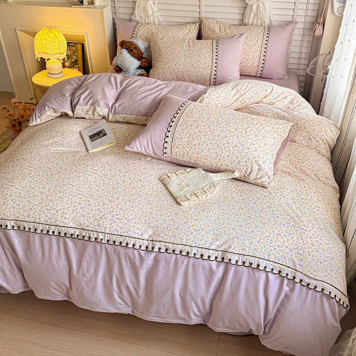 91家纺网 家纺一手货源 找家纺 鑫利来家纺 2026新款古法水洗棉法式花边四件套甄选纯棉花边拼接款四件套印花被套床单单品四件 花千朵