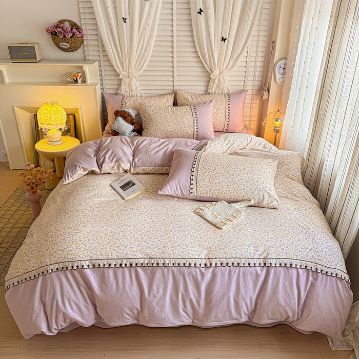 91家纺网 家纺一手货源 找家纺 鑫利来家纺 2026新款古法水洗棉法式花边四件套甄选纯棉花边拼接款四件套印花被套床单单品四件 花千朵