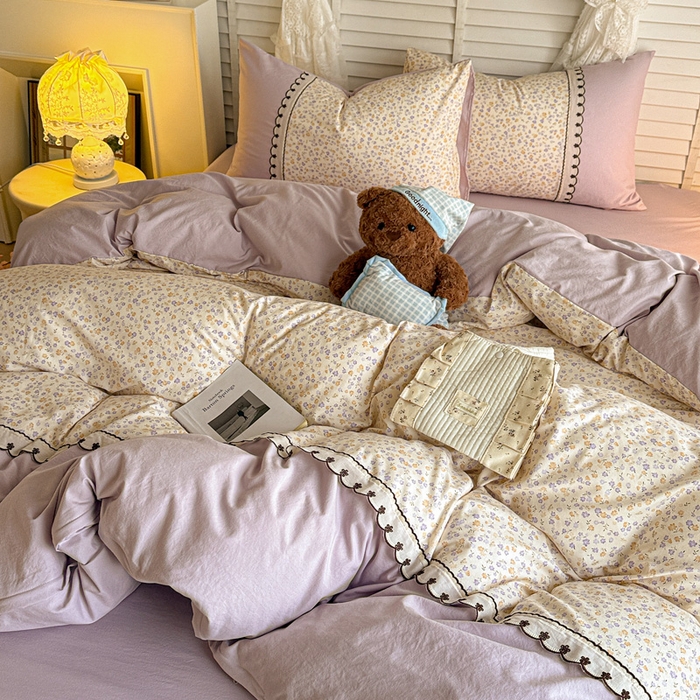 91家纺网 家纺一手货源 找家纺 鑫利来家纺 2026新款古法水洗棉法式花边四件套甄选纯棉花边拼接款四件套印花被套床单单品四件 花千朵