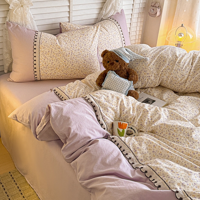 91家纺网 家纺一手货源 找家纺 鑫利来家纺 2026新款古法水洗棉法式花边四件套甄选纯棉花边拼接款四件套印花被套床单单品四件 花千朵