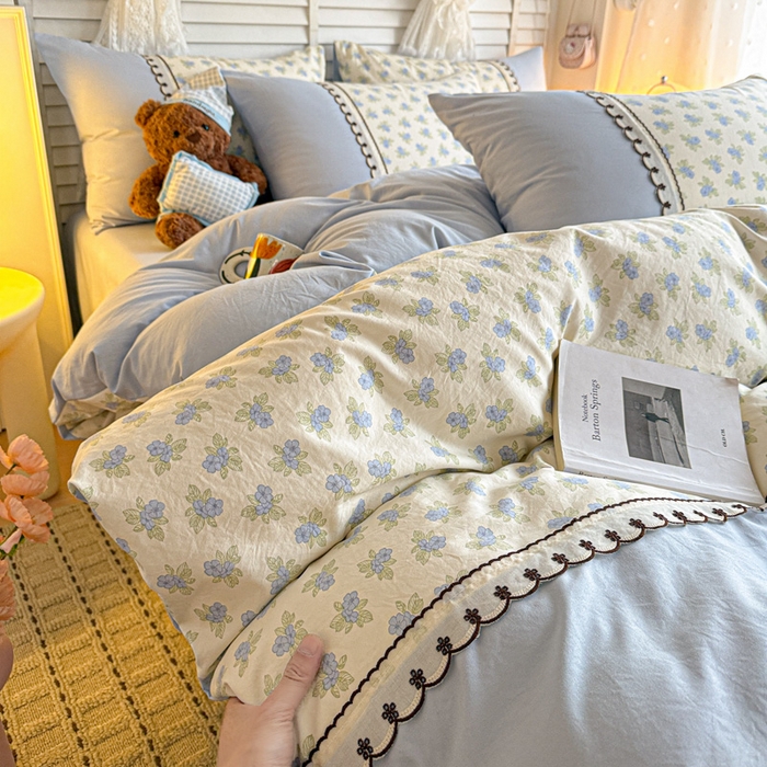 鑫利来家纺 2026新款古法水洗棉法式花边四件套甄选纯棉花边拼接款四件套印花被套床单单品四件 兰黛