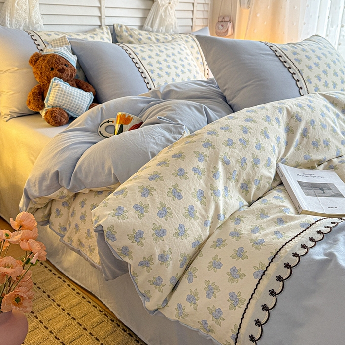 91家纺网 家纺一手货源 找家纺 鑫利来家纺 2026新款古法水洗棉法式花边四件套甄选纯棉花边拼接款四件套印花被套床单单品四件 兰黛