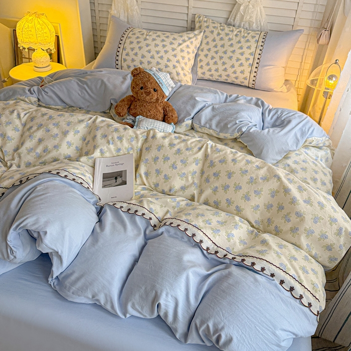 91家纺网 家纺一手货源 找家纺 鑫利来家纺 2026新款古法水洗棉法式花边四件套甄选纯棉花边拼接款四件套印花被套床单单品四件 兰黛