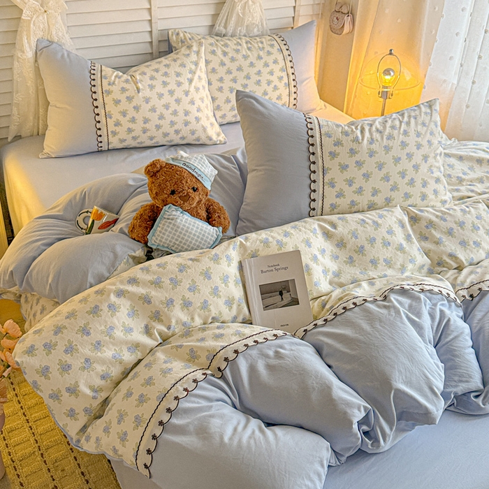 91家纺网 家纺一手货源 找家纺 鑫利来家纺 2026新款古法水洗棉法式花边四件套甄选纯棉花边拼接款四件套印花被套床单单品四件 兰黛