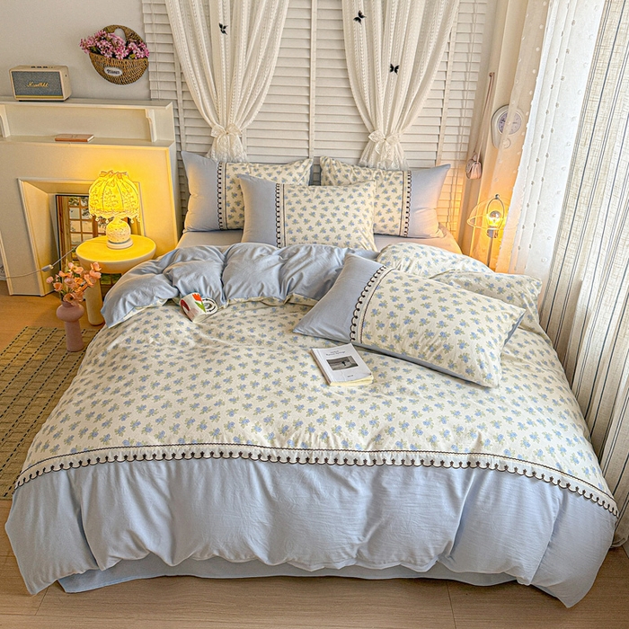 91家纺网 家纺一手货源 找家纺 鑫利来家纺 2026新款古法水洗棉法式花边四件套甄选纯棉花边拼接款四件套印花被套床单单品四件 兰黛