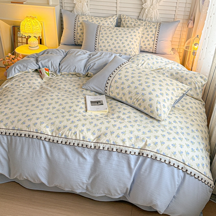 91家纺网 家纺一手货源 找家纺 鑫利来家纺 2026新款古法水洗棉法式花边四件套甄选纯棉花边拼接款四件套印花被套床单单品四件 兰黛