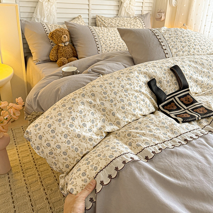 鑫利来家纺 2026新款古法水洗棉法式花边四件套甄选纯棉花边拼接款四件套印花被套床单单品四件 兰溪