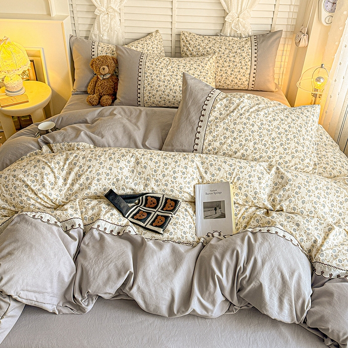 91家纺网 家纺一手货源 找家纺 鑫利来家纺 2026新款古法水洗棉法式花边四件套甄选纯棉花边拼接款四件套印花被套床单单品四件 兰溪