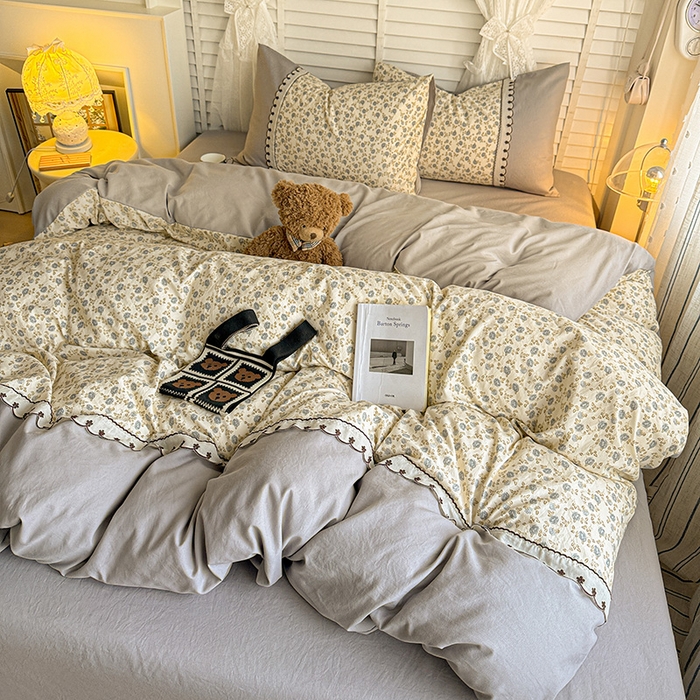 91家纺网 家纺一手货源 找家纺 鑫利来家纺 2026新款古法水洗棉法式花边四件套甄选纯棉花边拼接款四件套印花被套床单单品四件 兰溪