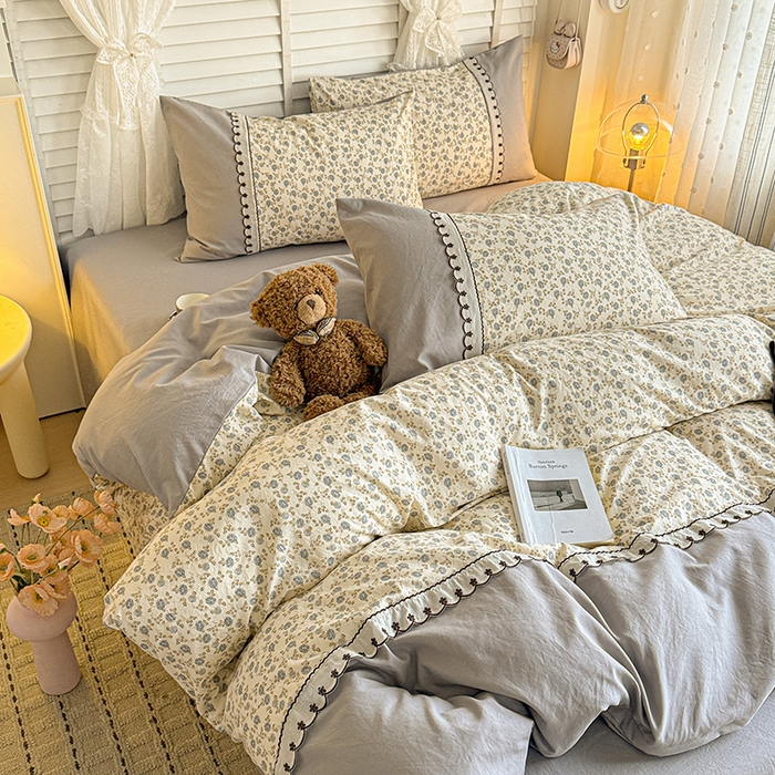 91家纺网 家纺一手货源 找家纺 鑫利来家纺 2026新款古法水洗棉法式花边四件套甄选纯棉花边拼接款四件套印花被套床单单品四件 兰溪