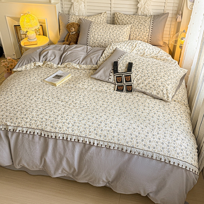 91家纺网 家纺一手货源 找家纺 鑫利来家纺 2026新款古法水洗棉法式花边四件套甄选纯棉花边拼接款四件套印花被套床单单品四件 兰溪