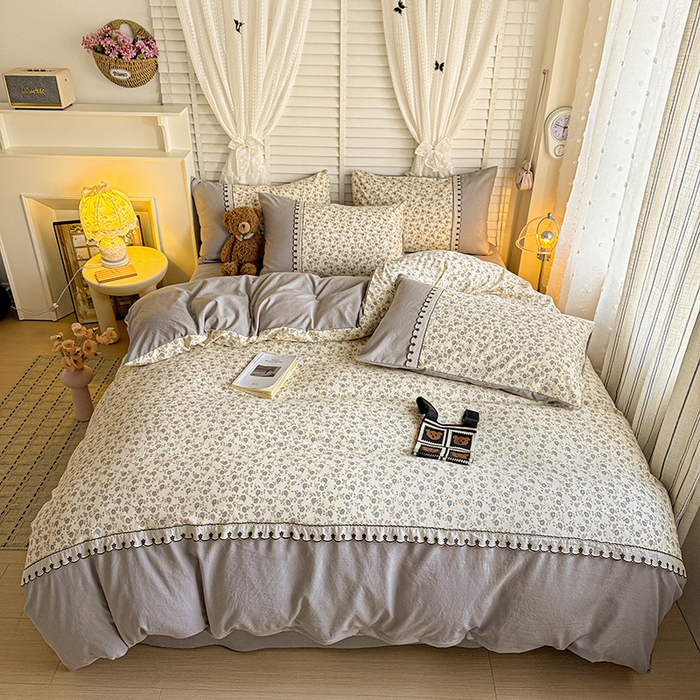 91家纺网 家纺一手货源 找家纺 鑫利来家纺 2026新款古法水洗棉法式花边四件套甄选纯棉花边拼接款四件套印花被套床单单品四件 兰溪