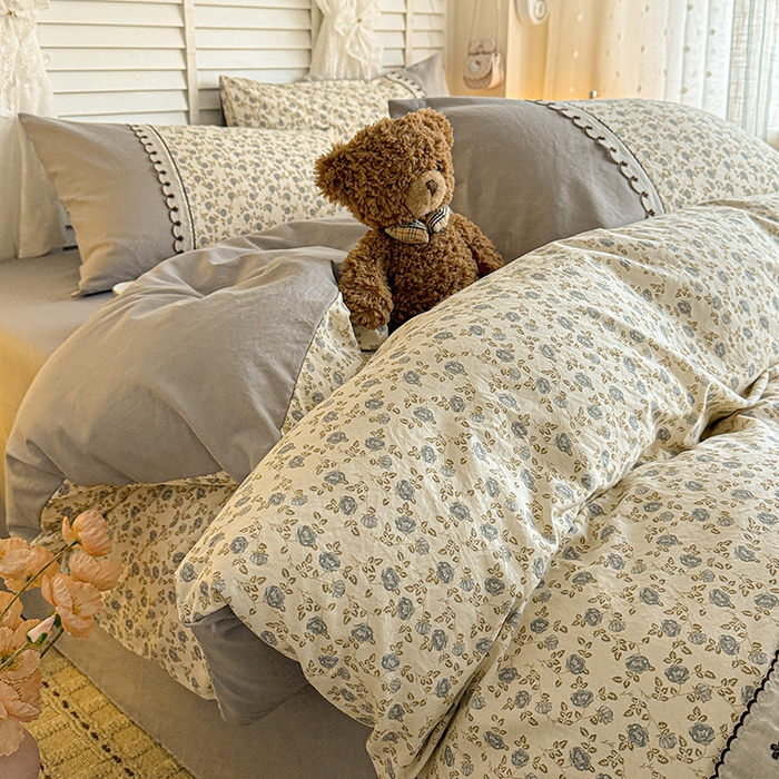 91家纺网 家纺一手货源 找家纺 鑫利来家纺 2026新款古法水洗棉法式花边四件套甄选纯棉花边拼接款四件套印花被套床单单品四件 兰溪