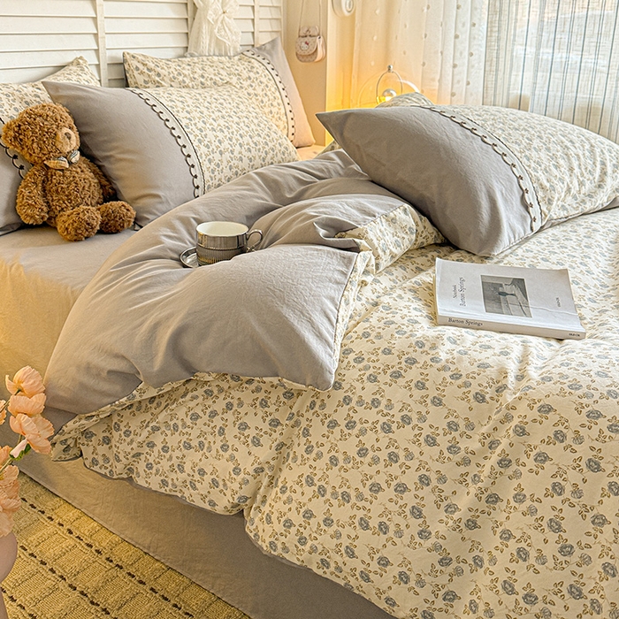 91家纺网 家纺一手货源 找家纺 鑫利来家纺 2026新款古法水洗棉法式花边四件套甄选纯棉花边拼接款四件套印花被套床单单品四件 兰溪